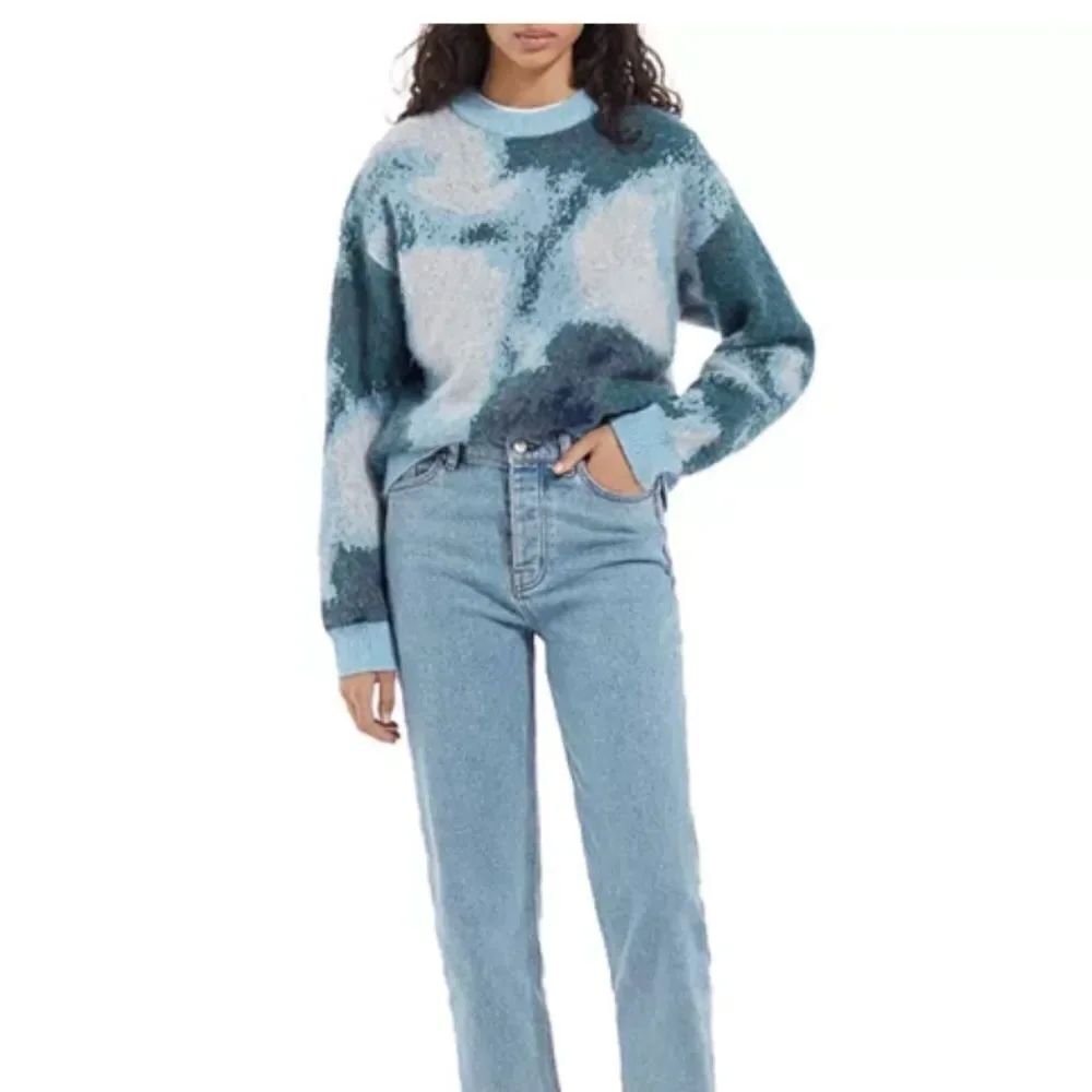 The Kooples Jacquard Mix Cropped Blue Abstract Sweater